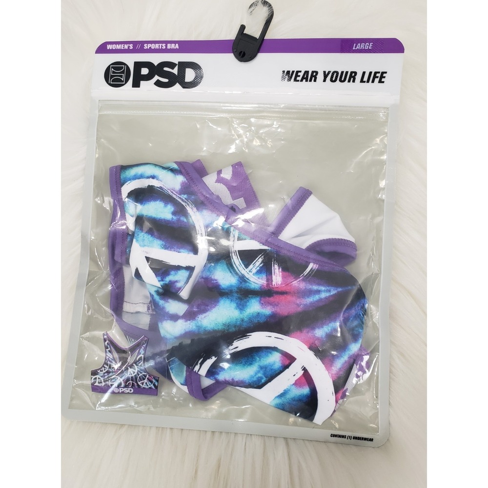 NEW PEACE SIGN PSD Sports Bra LARGE BLUE PURPLE TIE DYE